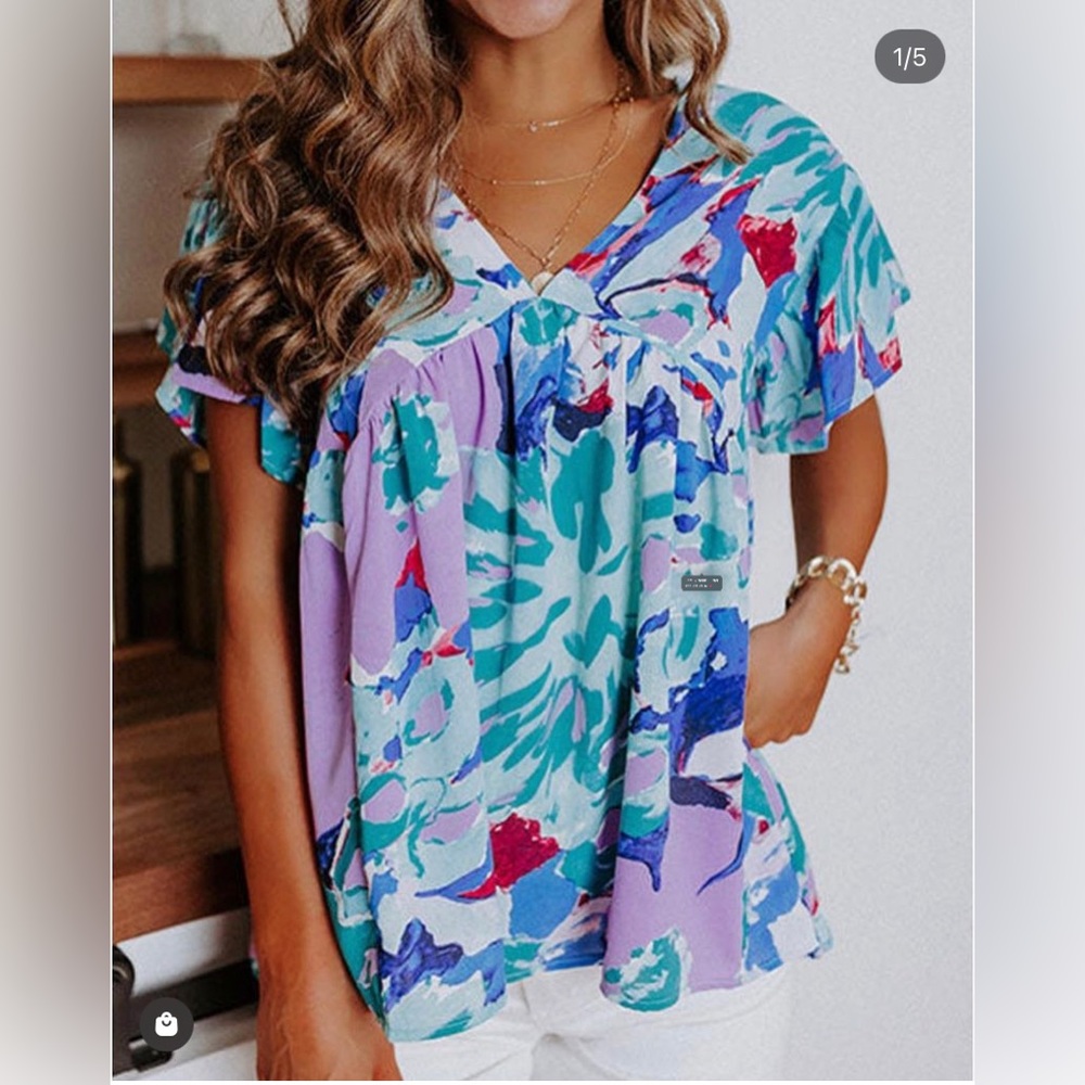 Floral V-Neck Flutter Sleeve Blouse Blue NWT XXL